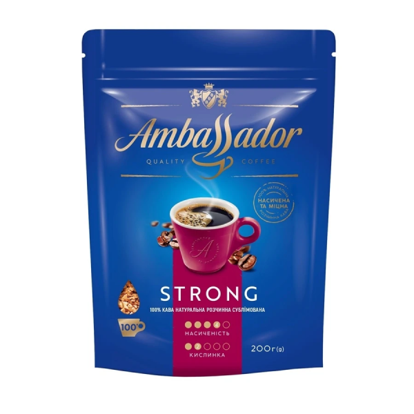 Кава 200 г Ambassador Strong натуральна розчинна сублімована м/уп